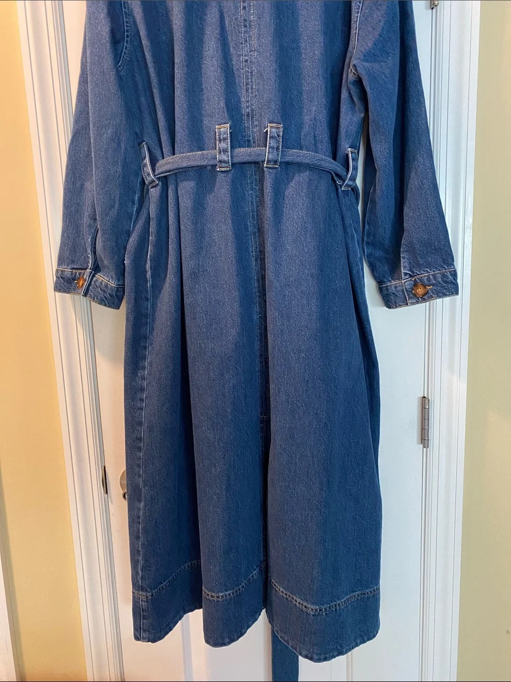 Aligne 💯 Organic Cotton Long Denim Button Down Double Breasted Trench Coat NWOT